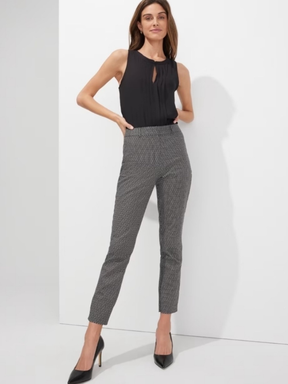 White House Black Market The Slim Ankle Dress Pants Black White Herringbone 10